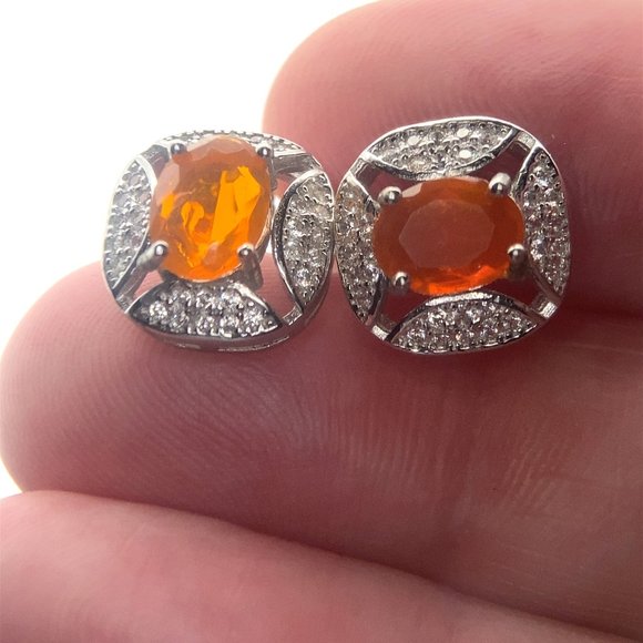 Fire Opal 1.80ct Platinum Finish Solid 925 Sterling Silver Earrings - Picture 1 of 6